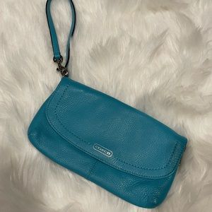 Spacious teal/blue coach wristlet/ clutch